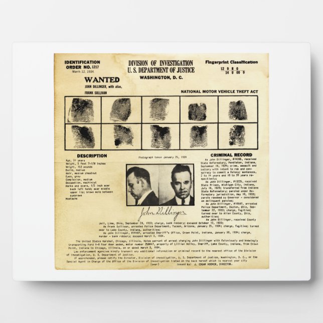 DOJ Identifcation order 1217 John Dillinger Plaque (Front)