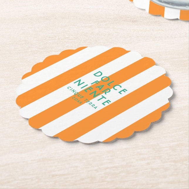 Dolce Far Niente Cinque Terra Orange Cabana Stripe Paper Coaster (Angled)