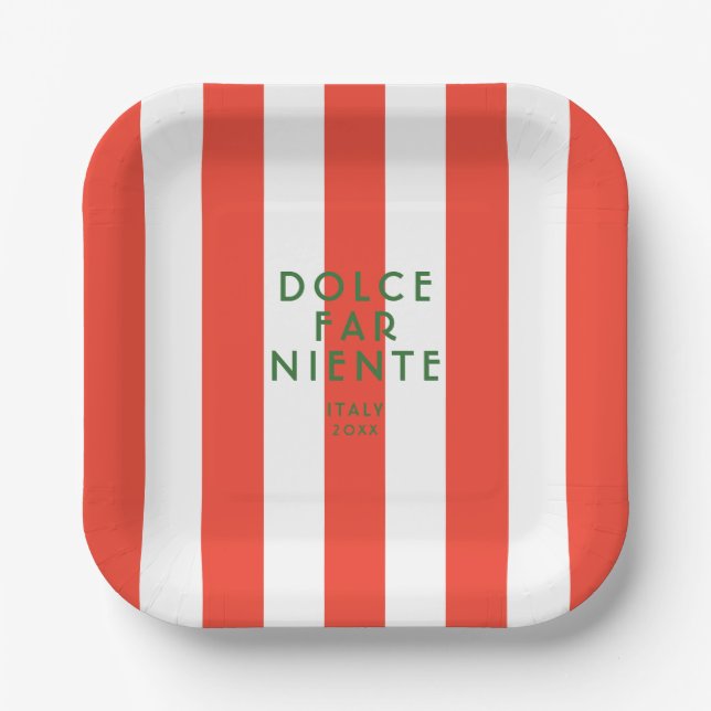 Dolce Far Niente Italy Red Cabana Stripes Paper Plate (Front)