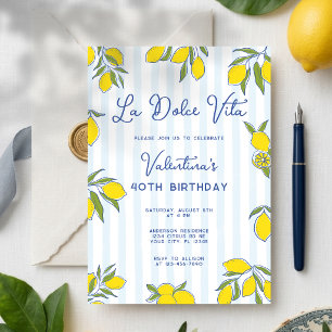 Dolce Vita Hand Drawn Lemons Blue Stripes Birthday Invitation