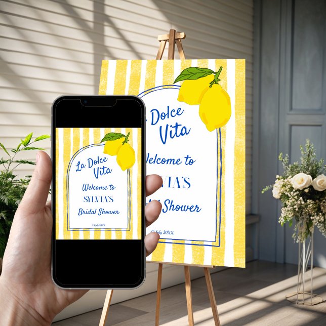Dolce vita Lemons Italian bridal shower welcome Poster (Dolce vita yellow stripes Lemons retro Italian bridal shower personalized welcome sign Poster)