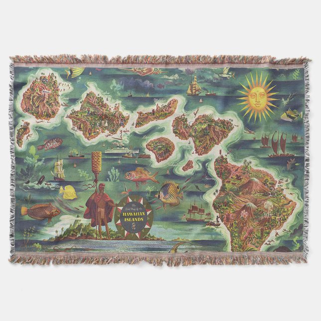 Dole 1950 Map of Hawaii Joseph Feher Oil Paint Throw Blanket (Front)