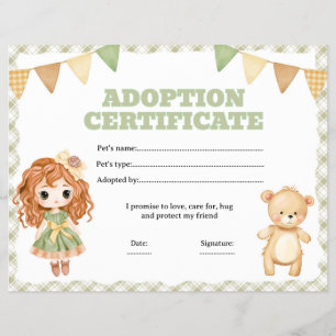 Doll and bear adoption certificate editable flyer