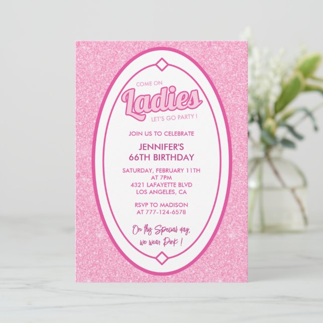 Doll Blush Pink Glitter 66th birthday invitation  (Standing Front)