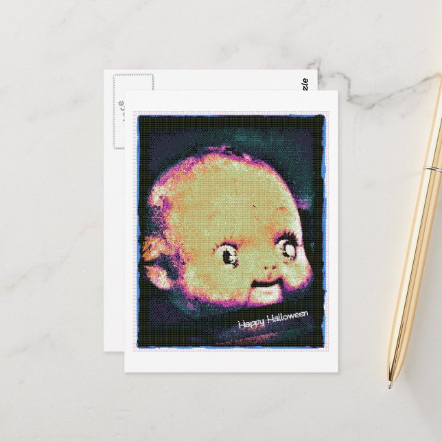 Doll Head 8 Bit Glitch Halloween Postcard (Front/Back In Situ)