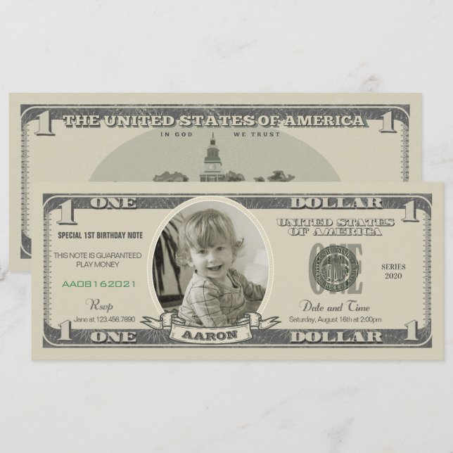 Dollar Bill Invitation for a First Birthday (Front/Back)