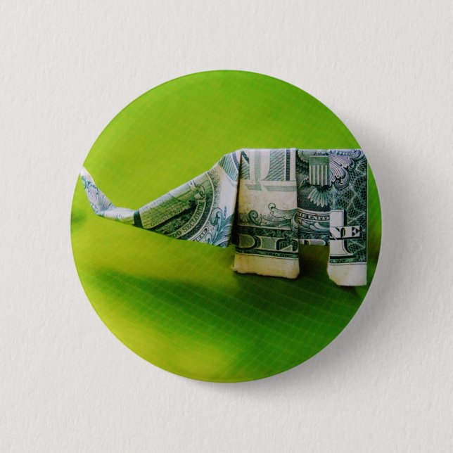 Dollar bill origami Elephant on Green background 2 Inch Round Button (Front)