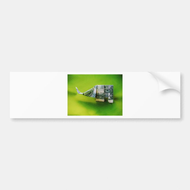 Dollar bill origami Elephant on Green background Bumper Sticker (Front)