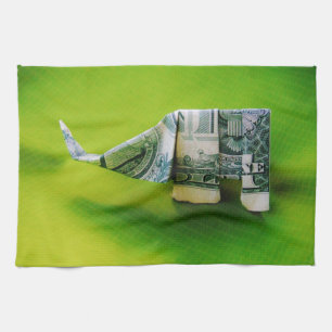 Dollar bill origami Elephant on Green background Kitchen Towel