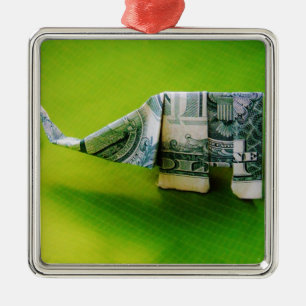 Dollar bill origami Elephant on Green background Metal Ornament