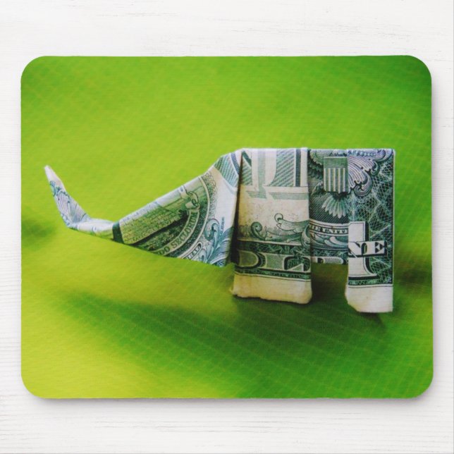 Dollar bill origami Elephant on Green background Mouse Pad (Front)