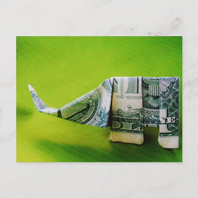 Dollar bill origami Elephant on Green background Postcard (Front)