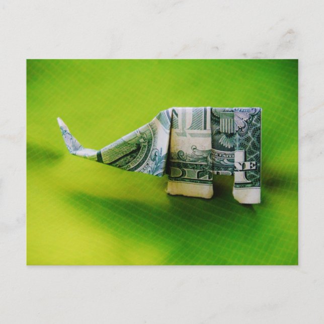 Dollar bill origami Elephant on Green background Postcard (Front)