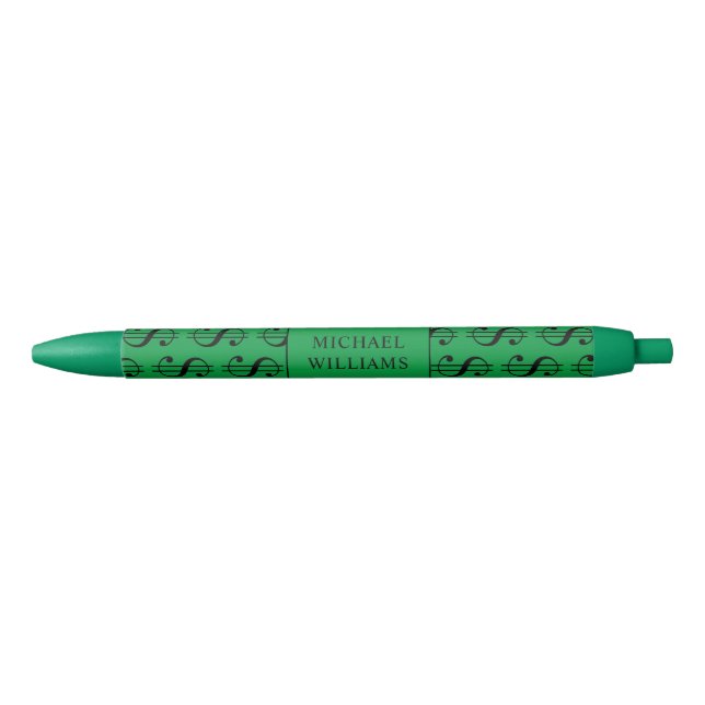 Dollar Signs Pattern with Your Name Black Ink Pen (Front)