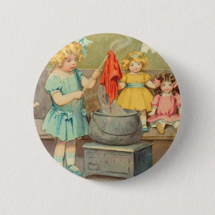 Dolly Laundry Girl Vintage Playing Dolls Cute 2 Inch Round Button