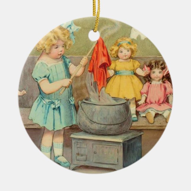 Dolly Laundry Girl Vintage Playing Dolls Cute Ceramic Ornament (Front)