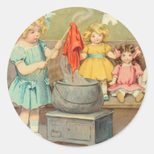 Dolly Laundry Girl Vintage Playing Dolls Cute Classic Round Sticker