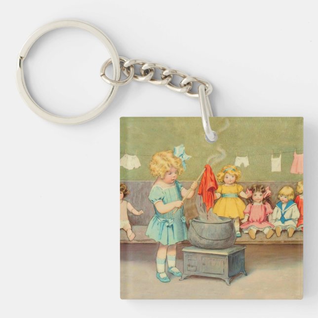 Dolly Laundry Girl Vintage Playing Dolls Cute Keychain (Front)