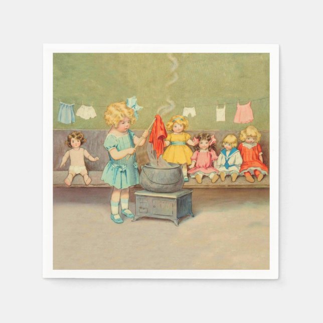 Dolly Laundry Girl Vintage Playing Dolls Cute Napkin (Front)