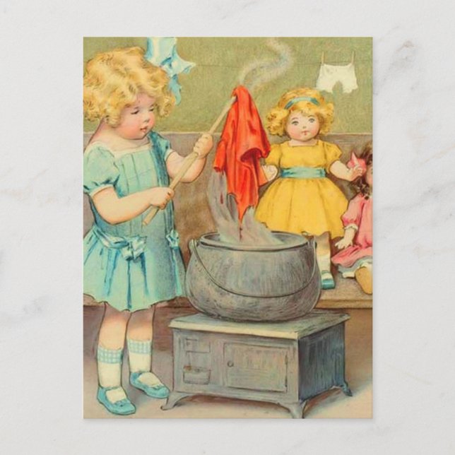 Dolly Laundry Girl Vintage Playing Dolls Cute Postcard (Front)