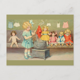 Dolly Laundry Girl Vintage Playing Dolls Cute Postcard