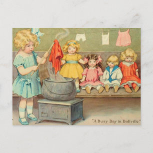 Dolly Laundry Girl Vintage Playing Dolls Cute Postcard