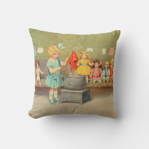Dolly Laundry Girl Vintage Playing Dolls Cute Throw Pillow