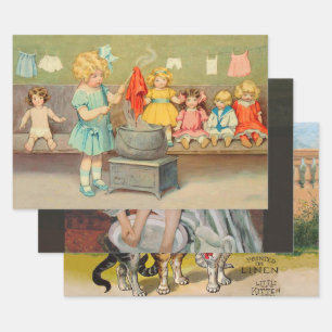 Dolly Laundry Girl Vintage Playing Dolls Cute Wrapping Paper Sheet