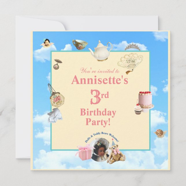 Dolly Tea Party Invite - Black Birthday Girl (Front)