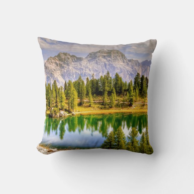 Dolomite Mountains and Lake Stunning Landscape Throw Pillow (Front)