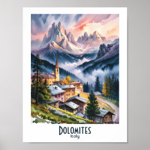Dolomites Italy Alps Mountain Landscape Watercolor Poster
