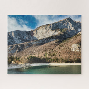 Dolomites mountains and Molveno lake with blue sky Jigsaw Puzzle