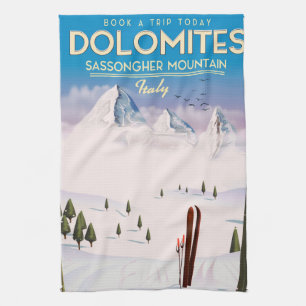 Dolomites Sassongher Mountain Italy travel poster Kitchen Towel