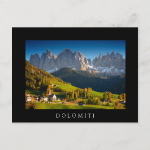 Dolomites village in fall black Dolomiti postcard