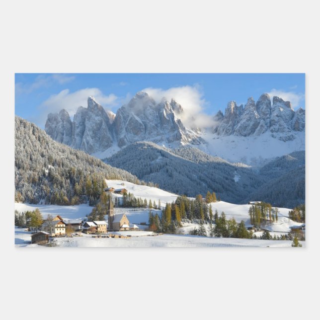 Dolomites village in winter rectangular sticker (Front)