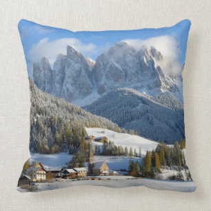 Dolomites village in winter throw pillow