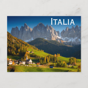 Dolomites village postcard with text 'Italia'