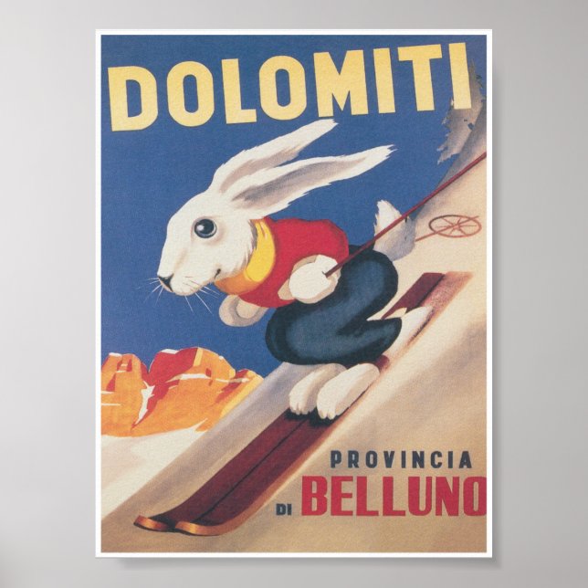Dolomiti Italy Ski Bunny Vintage Travel Poster (Front)