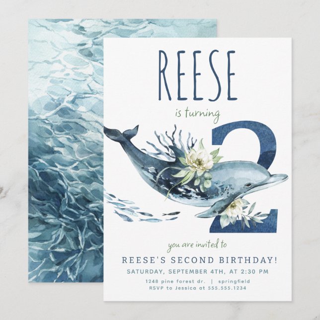 Dolphin 2nd Birthday Invitation (Front/Back)