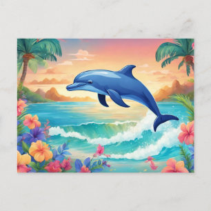 Dolphin and Beautiful Tropical Island, Hibiscus Postcard