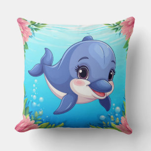 Dolphin And Flowers For Ocean Lovers Throw Pillow