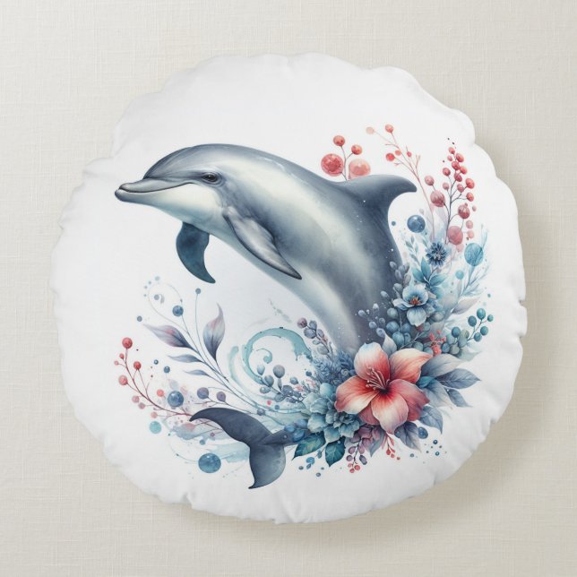 Dolphin and Flowers Round Pillow (Front)