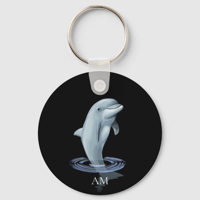 Dolphin, and Monogram on Black Keychain (Front)