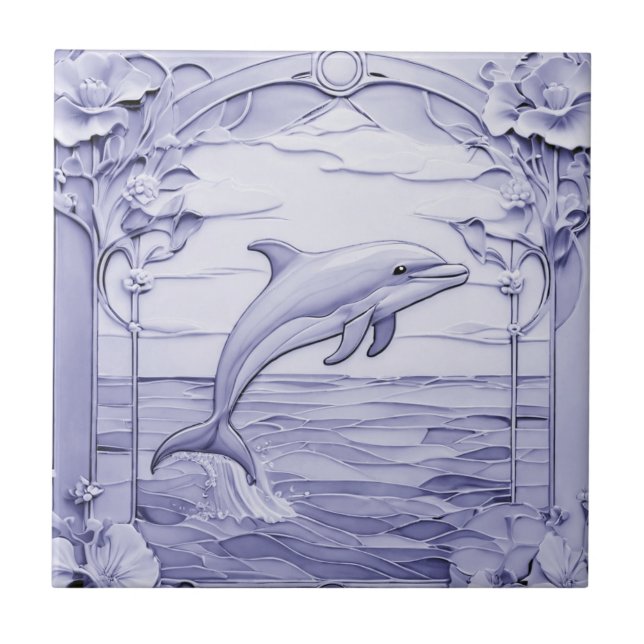 Dolphin Art Nouveau Faux Relief Blue & White Right Tile (Front)