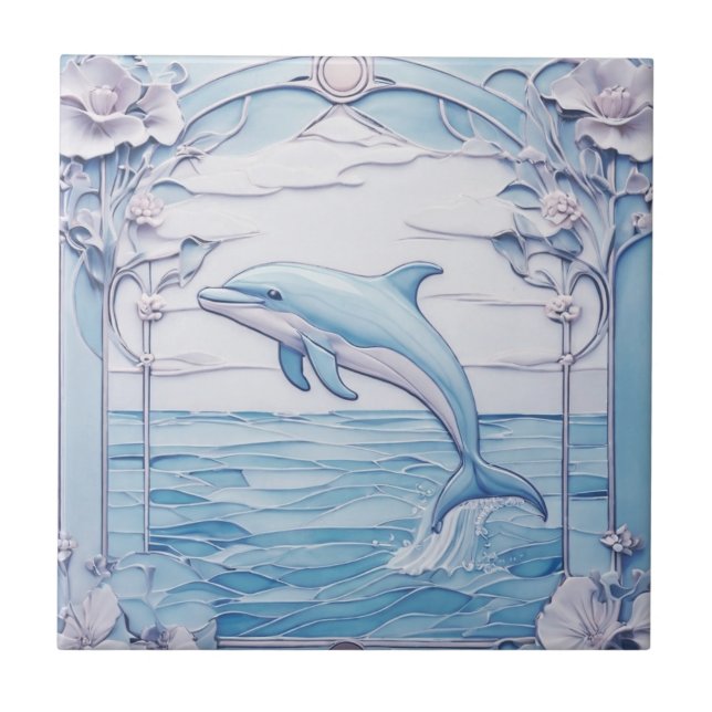 Dolphin Art Nouveau Faux Relief Light Blue Left Tile (Front)