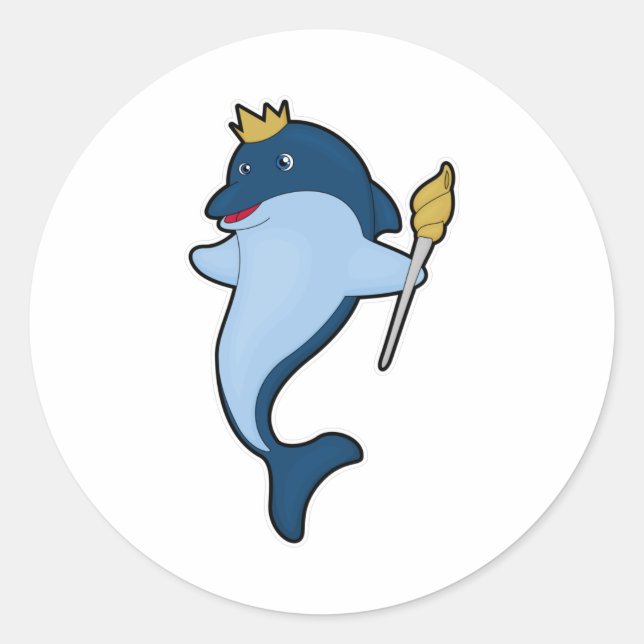 Dolphin as King with Staff & Crown Classic Round Sticker (Front)