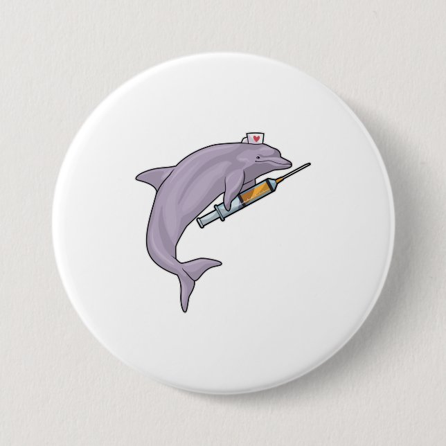 Dolphin as Nurse with Syringe 3 Inch Round Button (Front)
