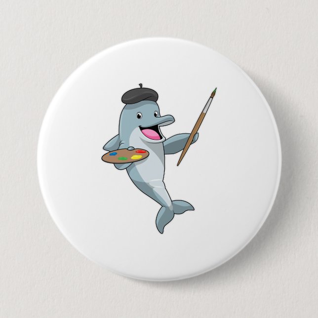 Dolphin as Painter with Paint brush & Color 3 Inch Round Button (Front)