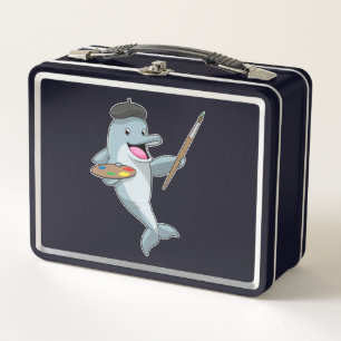 Dolphin as Painter with Paint brush & Color Metal Lunch Box