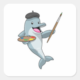 Dolphin as Painter with Paint brush & Color Square Sticker